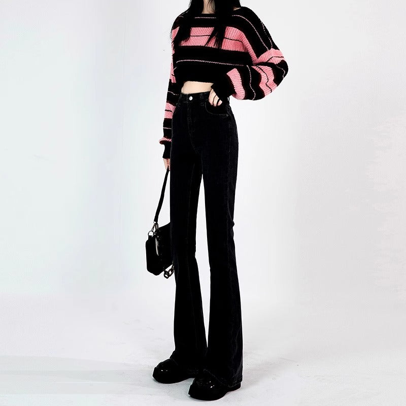 Light Blue Slightly Flared High Waist Slimming Mopping Jeans