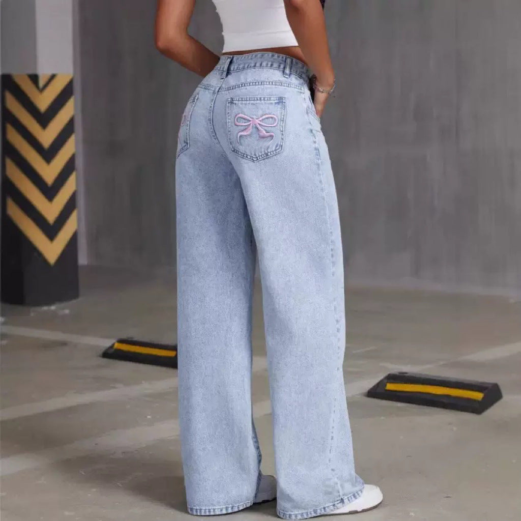 Spring And Autumn Sweet And Spicy Style High Waist Straight Loose Trousers Cross-border Amazon Bow Embroidered Jeans Women Cross-border