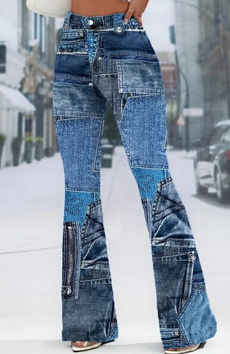 Ursime Zipper Button Flare Leg Patchwork Pants