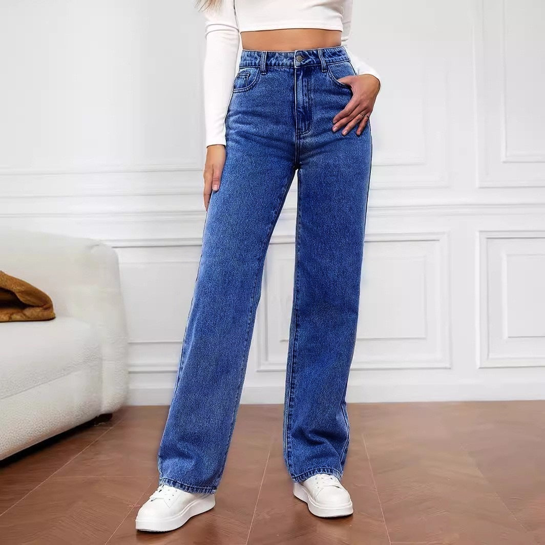 European And American Cross-border Amazon Hot-selling Stretch Washed Denim Fashion Straight Trousers Jeans Women's Pants