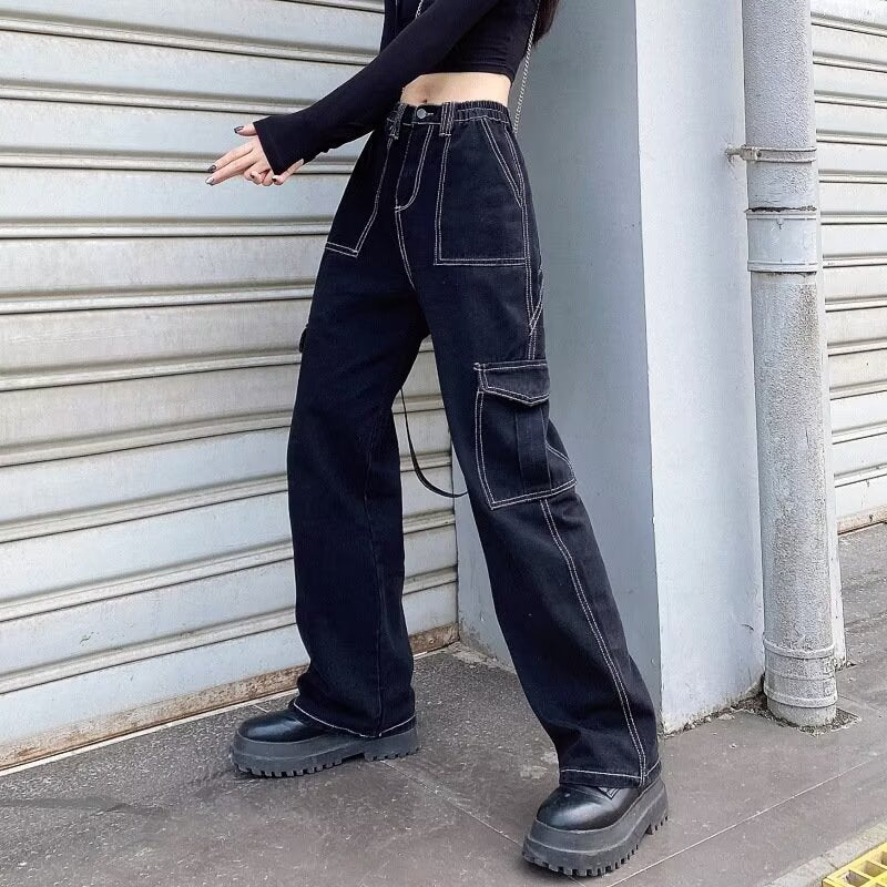 Foreign Trade Workwear Jeans For Women Autumn And Winter New Hot Selling Multi-pocket Denim Wide-leg Trousers
