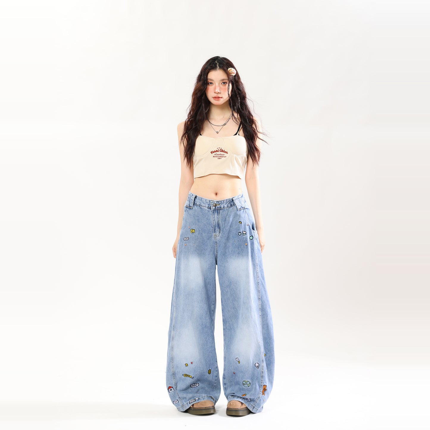 American Retro Cartoon Embroidered Machete Jeans