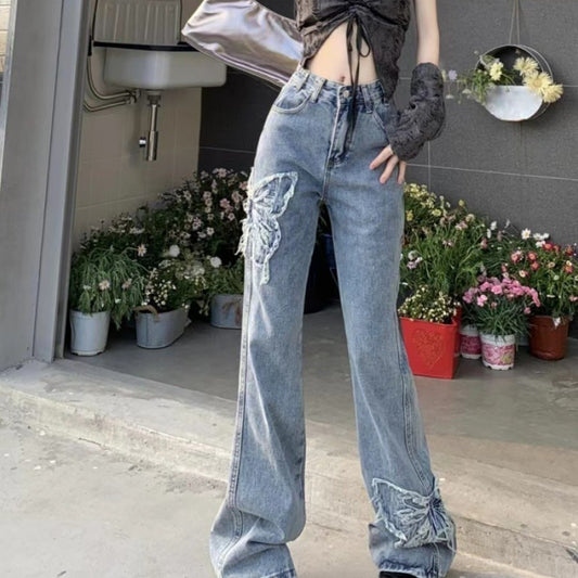 Retro Butterfly Embroidered Jeans High Waist Wash Slightly Flared Mop