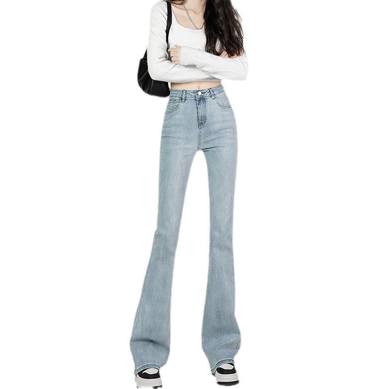 Light Blue Slightly Flared High Waist Slimming Mopping Jeans