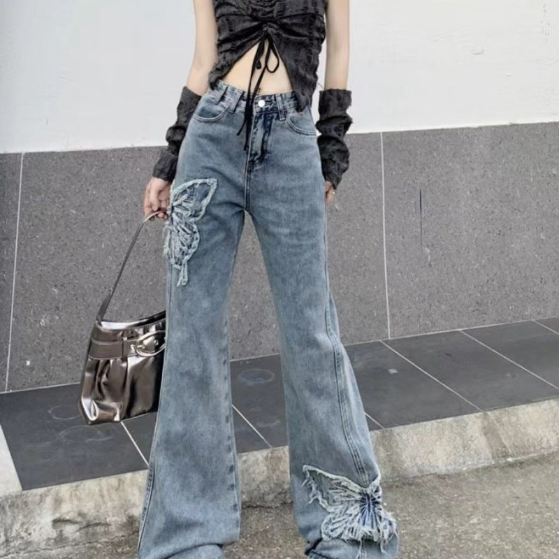 Retro Butterfly Embroidered Jeans High Waist Wash Slightly Flared Mop