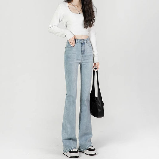 Light Blue Slightly Flared High Waist Slimming Mopping Jeans