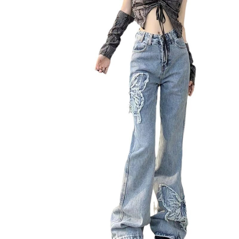 Retro Butterfly Embroidered Jeans High Waist Wash Slightly Flared Mop