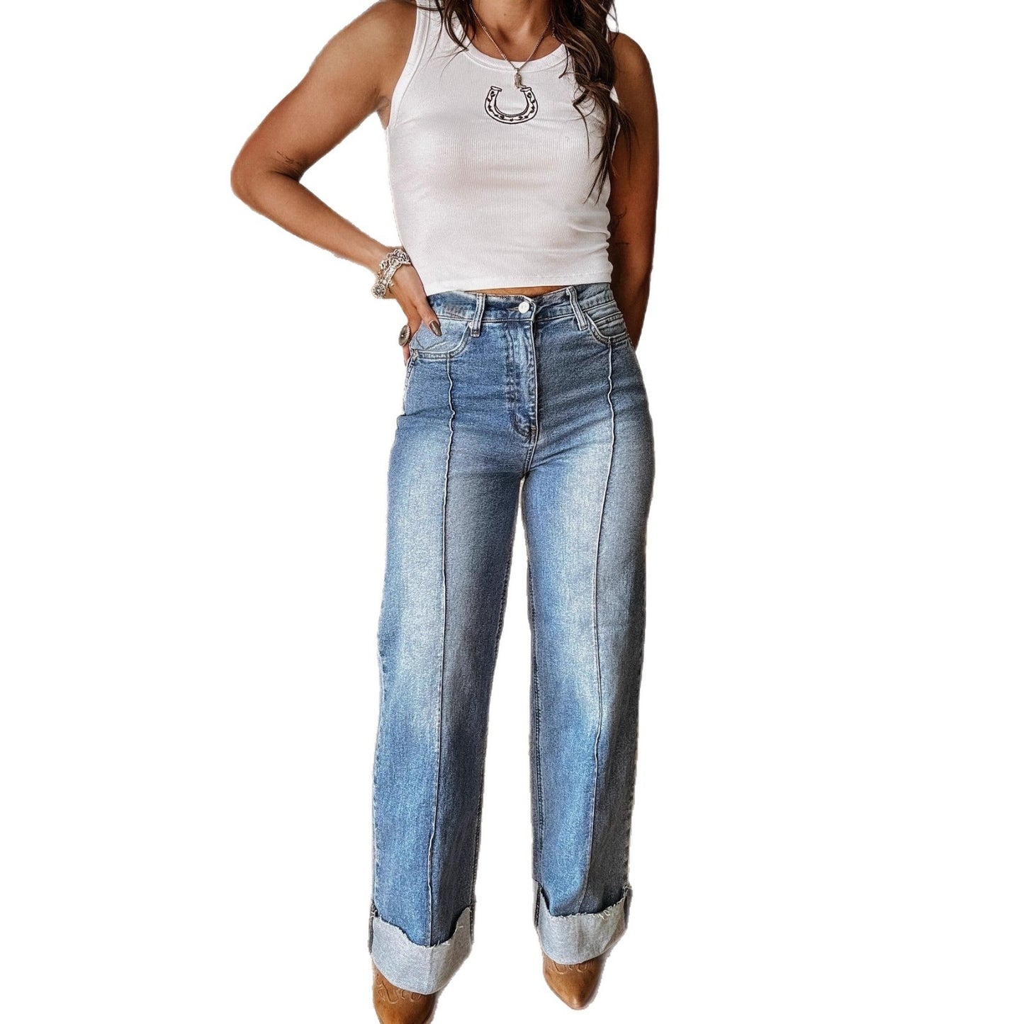 Fashion Leisure Washed-out Elastic Mid-waist Straight Jeans