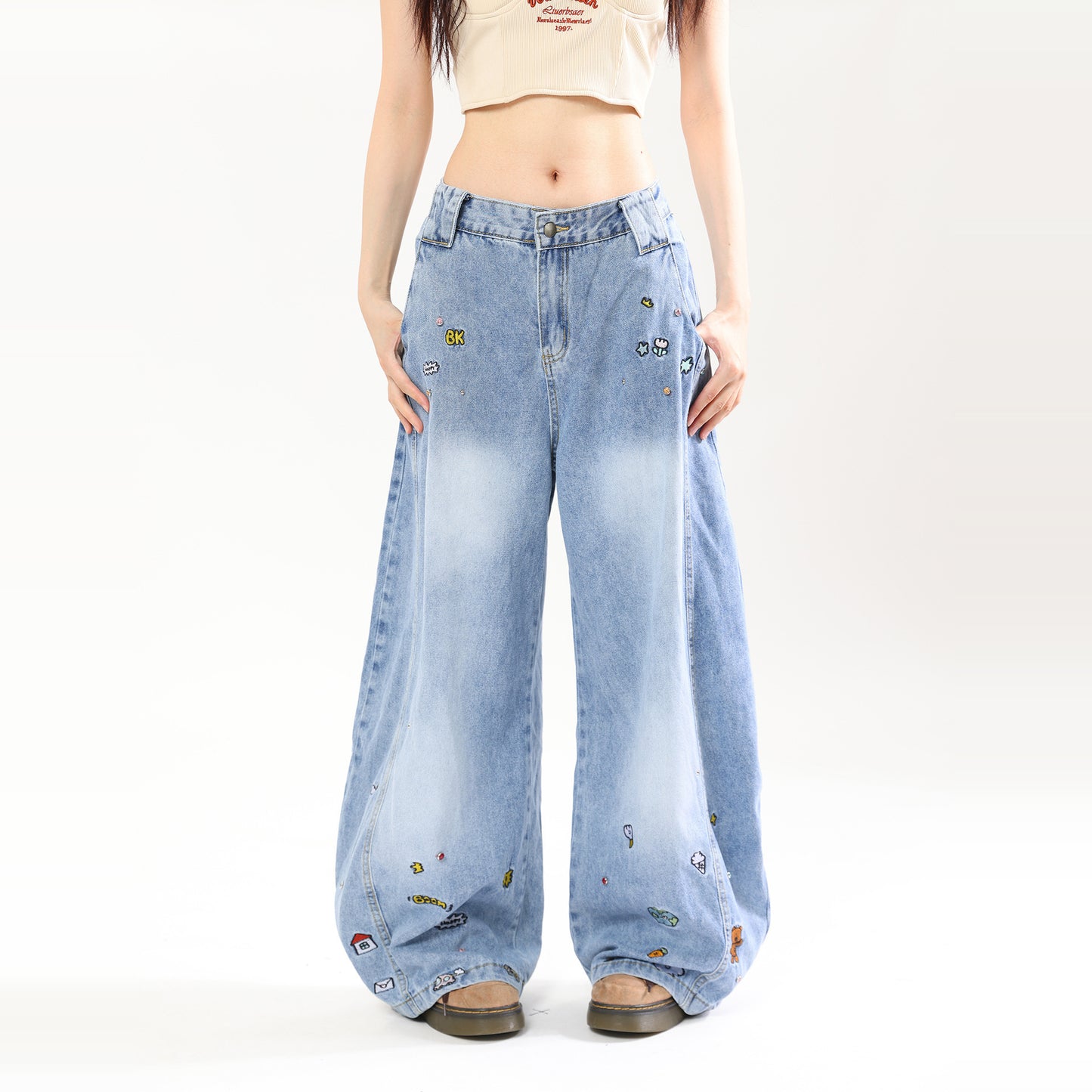 American Retro Cartoon Embroidered Machete Jeans