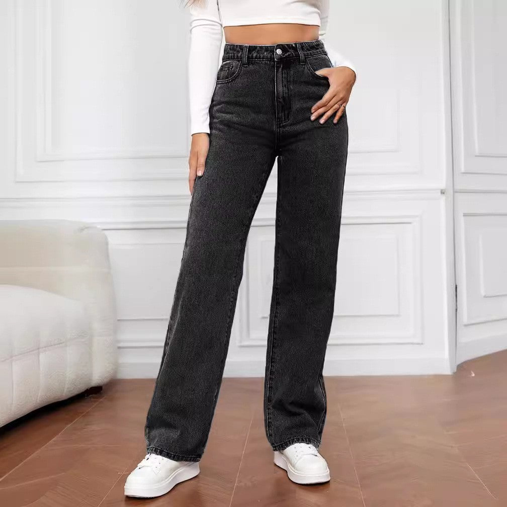 New Amazon AliExpress Cross-border European And American Women's Jeans Women's High Waist Slim Straight Denim Trousers Hot Style